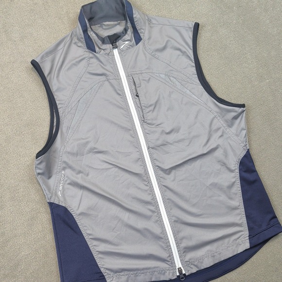 Brooks Running Vest Large Mens Gray Navy Blue Full Zip Reflective MV639 — photo 2
